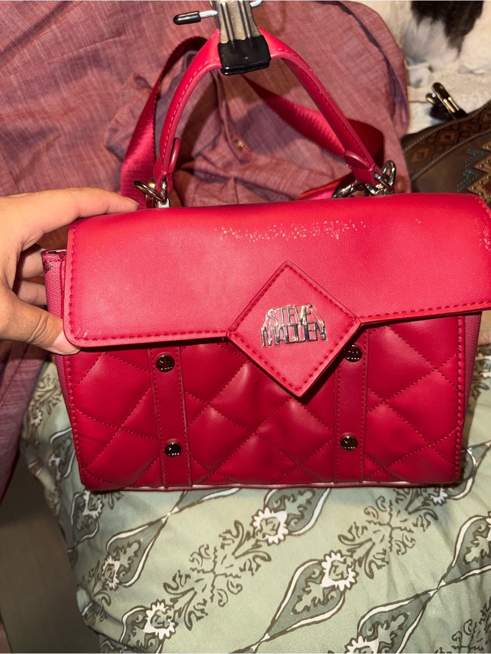 Steve Madden Red Quilted Top-Handle Satchel with Logo Plaque